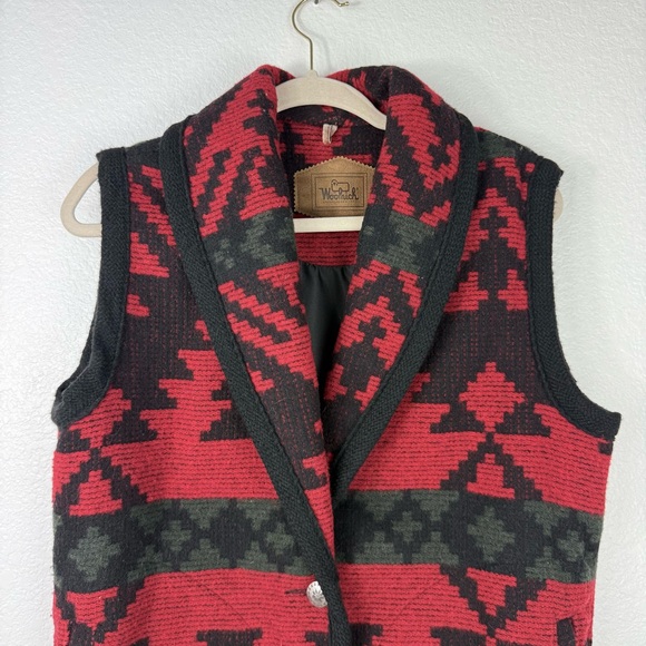 Woolrich vintage 80s RED BLACK AZTEC SHAWL NECK WOOL BUTTON UP VEST size S - Picture 5 of 8